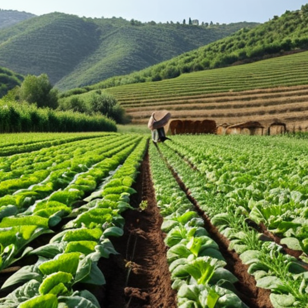 ** A lush, green organic farm in Turkey, showcasing healthy soil, diverse crops, and beneficial insects. Focus on sustainable practices and the absence of chemical fertilizers or pesticides. Depict a farmer inspecting the crops with a sense of pride and environmental stewardship.

**