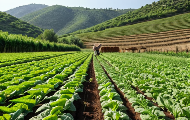 ** A lush, green organic farm in Turkey, showcasing healthy soil, diverse crops, and beneficial insects. Focus on sustainable practices and the absence of chemical fertilizers or pesticides. Depict a farmer inspecting the crops with a sense of pride and environmental stewardship.
**