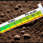 ** Soil analysis showing pH imbalance. Depict a close-up of soil with a color-coded pH scale highlighting the acidic range. Include visual elements representing lime being added to correct the pH.

**