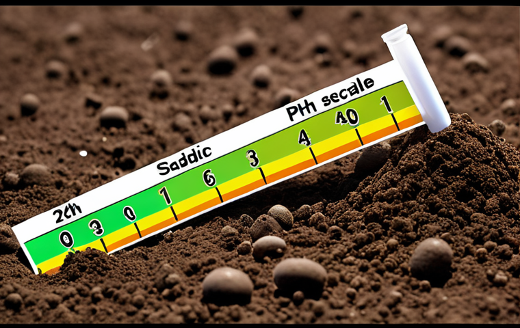 ** Soil analysis showing pH imbalance. Depict a close-up of soil with a color-coded pH scale highlighting the acidic range. Include visual elements representing lime being added to correct the pH.

**
