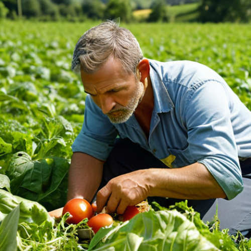 Home 7 ** A focused organic farming inspector examining produce in a lush, green field during a sunny day. Camera focus is tight on the inspector’s face.
**
