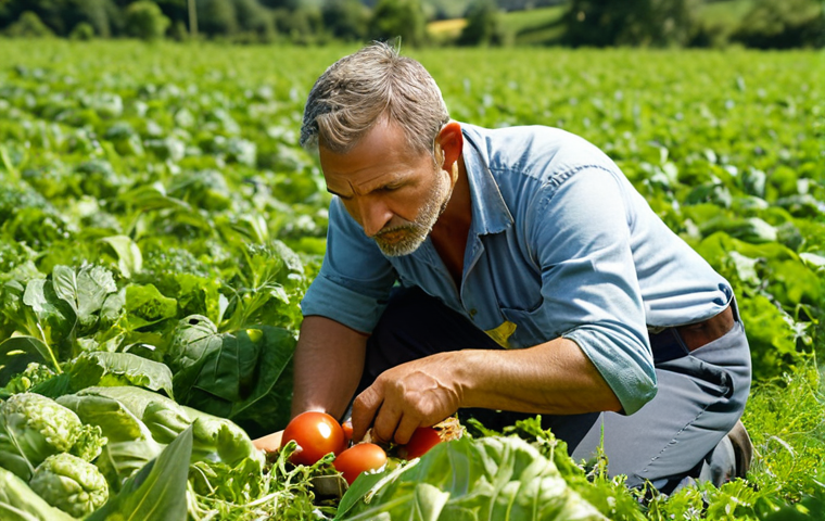 ** A focused organic farming inspector examining produce in a lush, green field during a sunny day. Camera focus is tight on the inspector’s face.

**